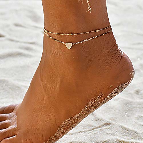 

layered anklets women heart gold ankle bracelet charm beaded dainty foot jewelry for women and teen girls summer barefoot beach anklet