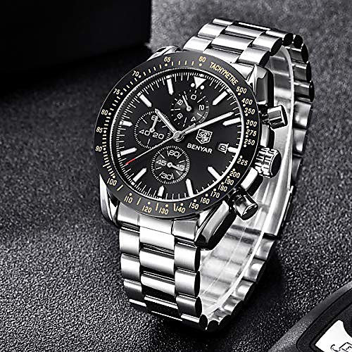 

benyar chronograph wrist watch for men | classic design | quartz movement 30m waterproof | analog quartz watch | 22mm stainless steel | scratch resistant | litbwat
