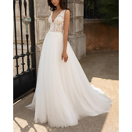 

A-Line Wedding Dresses V Neck Sweep / Brush Train Lace Tulle Sleeveless Beach with Appliques 2021
