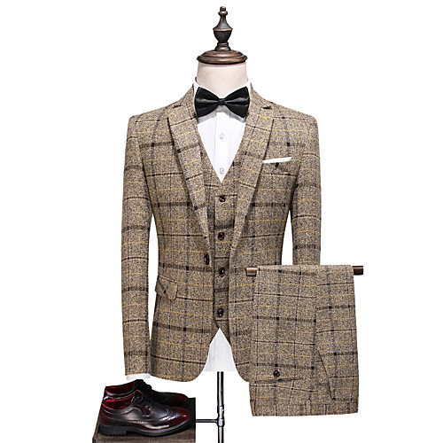 

Yellow Striped Standard Fit Polyester Suit - Notch Single Breasted One-button / Suits