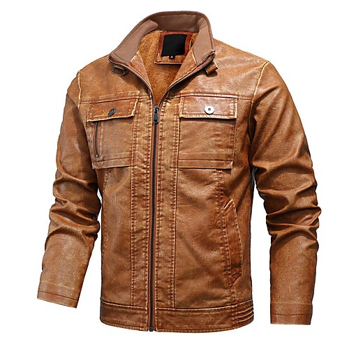 

Men's Solid Colored Fall & Winter Jacket Regular Daily Long Sleeve Faux Leather Coat Tops Black