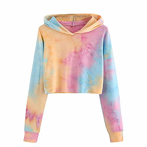 

women's tie dye printed long sleeve cropped hoodies casual color block pullover crop top sweatshirts shirts orange