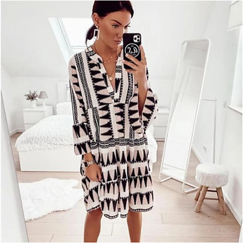 

Women's Shift Dress Knee Length Dress Black Long Sleeve Geometric Print Summer V Neck Hot Casual Flare Cuff Sleeve 2021 S M L XL XXL
