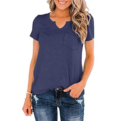 

womens summer v neck short sleeve basic tees loose casual t-shirts tops with pocket blue