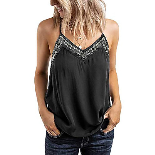 

women& #39;s button down v neck strappy tank tops loose casual sleeveless shirts blouses black tops medium