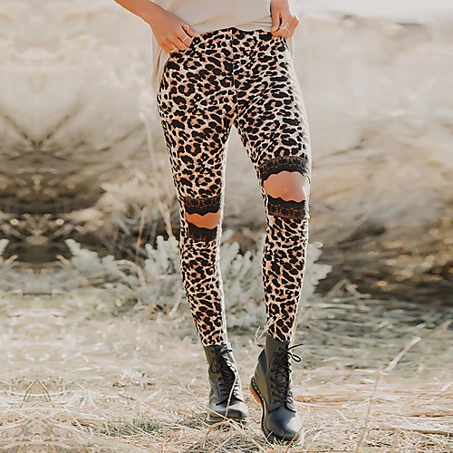

Women's Slim Chinos Pants Leopard Camouflage Solid Colored Full Length Black Yellow Army Green