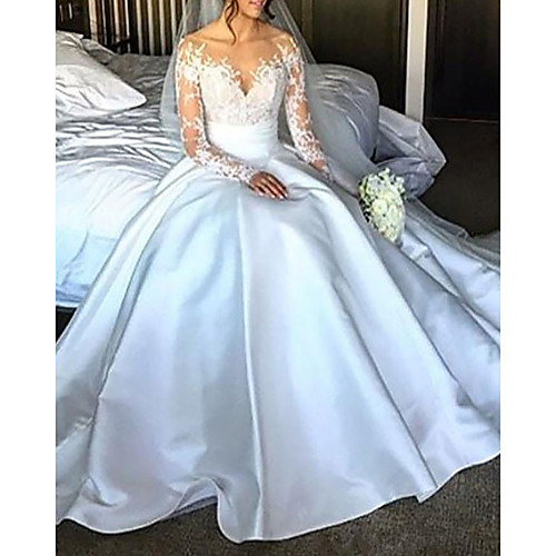 

Ball Gown Wedding Dresses Off Shoulder Court Train Lace Satin Long Sleeve Formal with Bow(s) Ruched 2021
