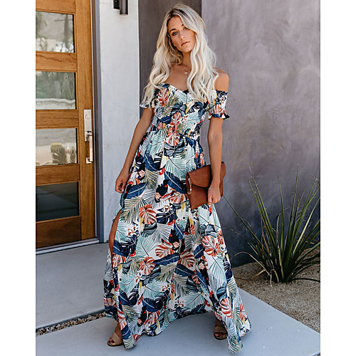 

Women's Swing Dress Maxi long Dress Blue Short Sleeve Print Backless Ruched Patchwork Summer Off Shoulder Hot Boho 2021 S M L XL
