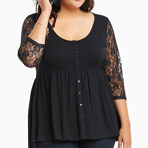 

Women's Blouse Shirt Solid Colored Lace Patchwork Round Neck Tops Basic Basic Top Black Blue Purple