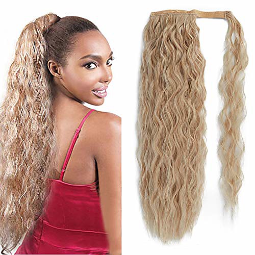 

corn wave ponytail extension long ponytail extension curly wavy synthetic drawstring ponytail magic paste black wrap around clip in ponytail hairpiece(24/613#)