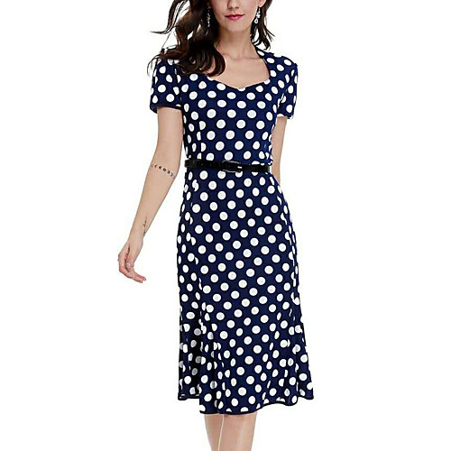 

Women's A Line Dress Knee Length Dress White Blue Short Sleeve Polka Dot Patchwork Spring Summer Square Neck Casual 2021 S M L XL XXL