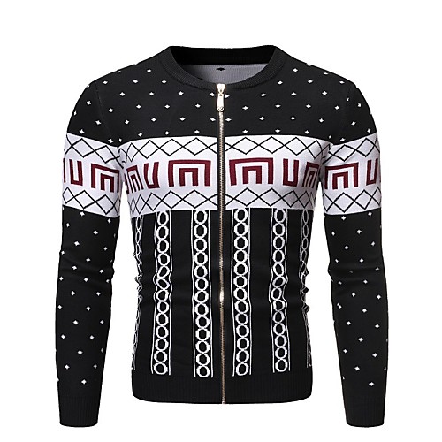

Men's Basic Geometric Cardigan Cotton Long Sleeve Sweater Cardigans Crew Neck Winter Black Red Gray