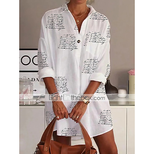 

Women's Blouse Shirt Letter Long Sleeve Shirt Collar Tops Basic Top White