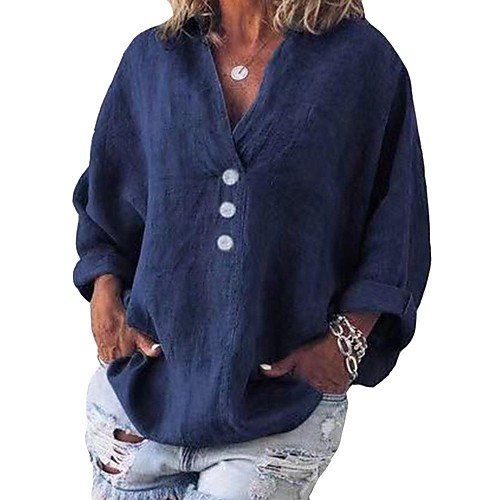 

Women's Blouse Shirt Solid Colored Plain Long Sleeve Button V Neck Tops Loose Basic Basic Top Blue Orange Green