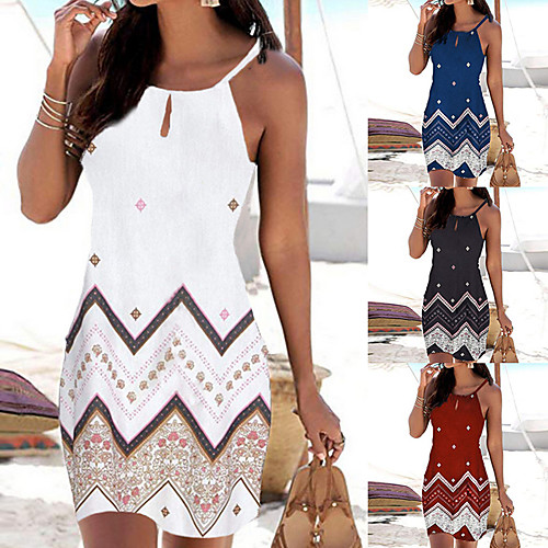 

Women's Strap Dress Short Mini Dress - Sleeveless Geometric Print Summer Boho Holiday Vacation Beach 2020 White Black Red Blue S M L XL