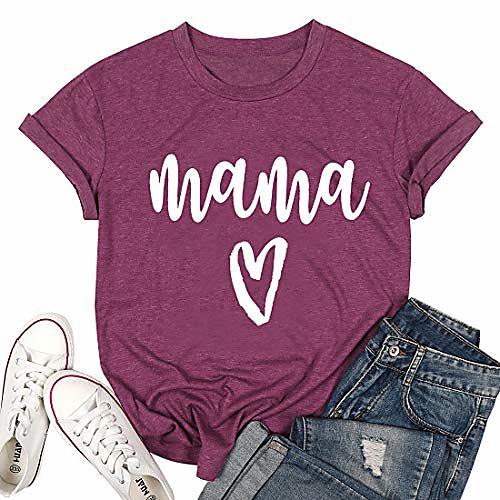

womens mama heart graphic mom letter printed t-shirt funny o-neck summer short sleeve tops blouse red