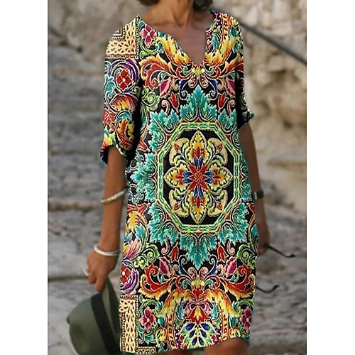 

Women's Shift Dress Knee Length Dress - Half Sleeve Floral Print Summer V Neck Casual vacation dresses Loose 2020 Green M L XL XXL 3XL