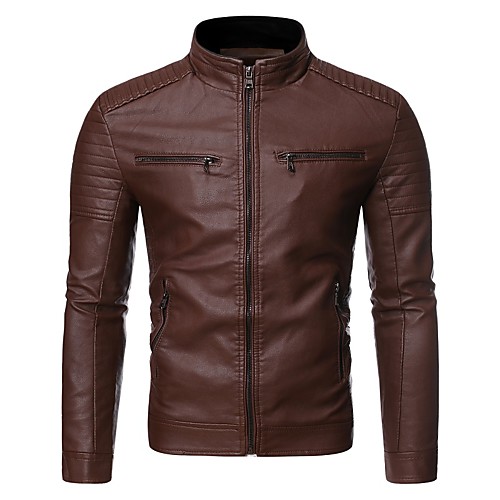 

Men's Solid Colored Fall & Winter Faux Leather Jacket Regular Daily Faux Leather Coat Tops Black