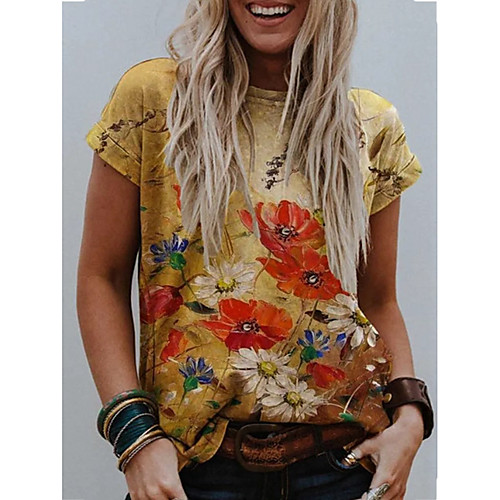 

Women's T shirt Floral Galaxy Flower Print Round Neck Tops Basic Basic Top Yellow
