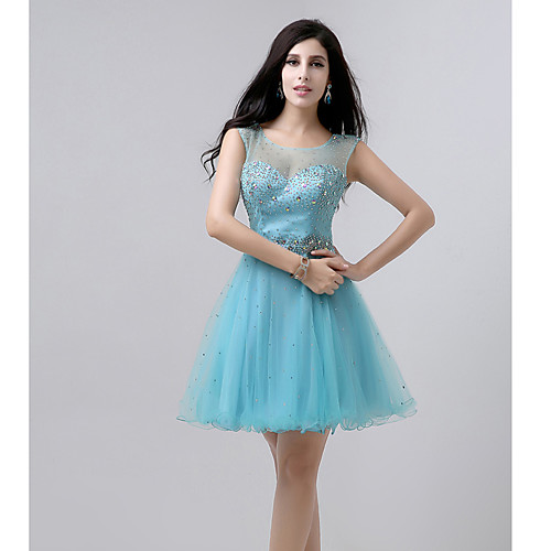 

A-Line Beautiful Back Sparkle Homecoming Cocktail Party Dress Illusion Neck Sleeveless Short / Mini Tulle with Crystals Beading 2021