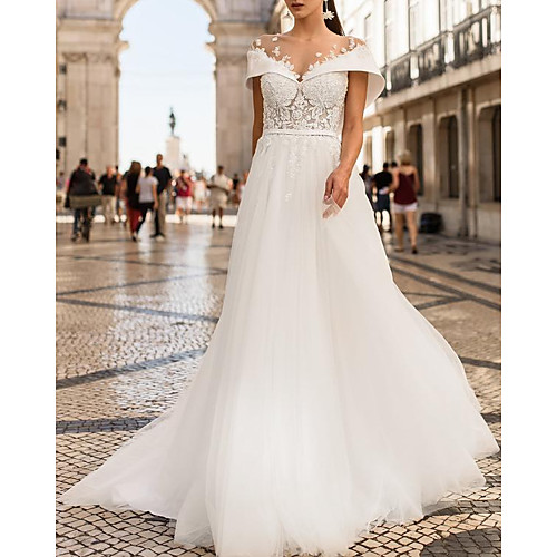 

A-Line Wedding Dresses V Neck Sweep / Brush Train Lace Tulle Sleeveless Country with Appliques 2021