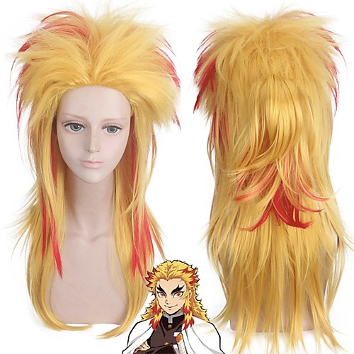 

Cosplay Costume Wig Synthetic Wig Rengoku Kyoujurou Demon Slayer Curly With Ponytail Wig Blonde Long Blonde Synthetic Hair 22 inch Men's Anime Cosplay Creative Blonde