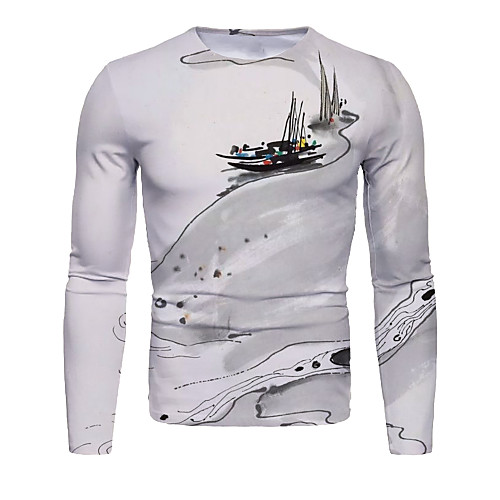 

Men's T shirt Graphic Long Sleeve Daily Tops Basic Chinoiserie White