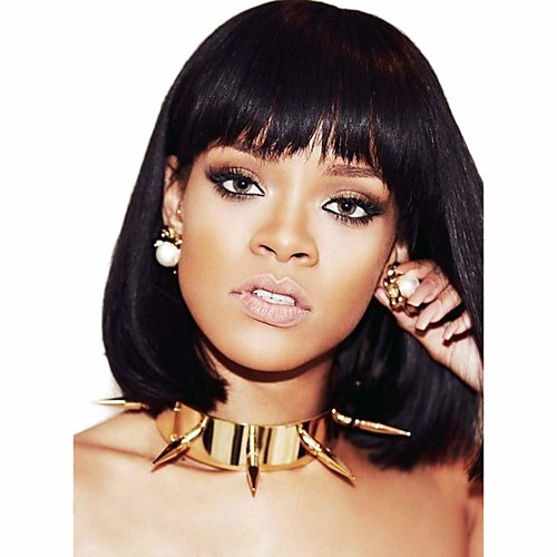 

Remy Human Hair Wig Medium Length Natural Straight Bob With Bangs Natural Black Party Hot Sale Fashion Machine Made Capless Women's Natural Black 12 inch