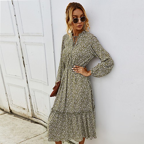 

Women's A Line Dress Midi Dress Green Navy Blue Long Sleeve Print Patchwork Print Fall V Neck Hot Casual Lantern Sleeve 2021 S M L XL