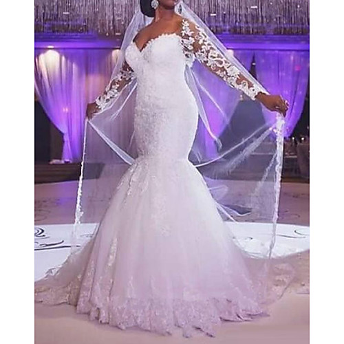 

Mermaid / Trumpet Wedding Dresses V Neck Floor Length Lace Tulle Long Sleeve Formal with Appliques 2021