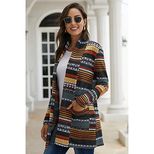 

Women's Stylish Knitted Striped Cardigan Long Sleeve Sweater Cardigans Stand Collar Fall Winter Rainbow Gray