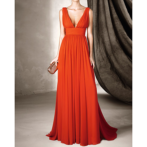 

A-Line Beautiful Back Sexy Wedding Guest Formal Evening Dress V Neck Sleeveless Sweep / Brush Train Chiffon with Pleats 2021