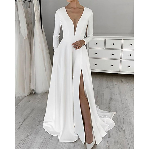 

A-Line Wedding Dresses V Neck Sweep / Brush Train Satin Long Sleeve Simple with 2021