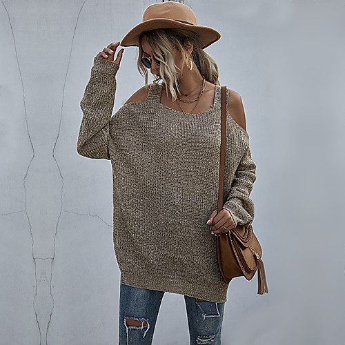 

Women's Basic Knitted Solid Colored Plain Pullover Long Sleeve Loose Sweater Cardigans Strap Fall Winter Khaki