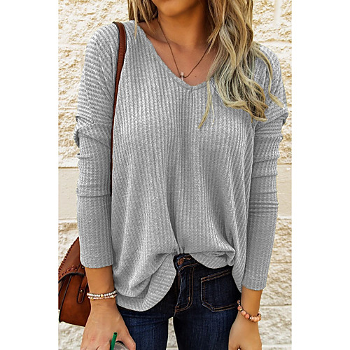 

Women's Plus Size Blouse Shirt Solid Colored Long Sleeve V Neck Tops Basic Basic Top Black Blue Blushing Pink