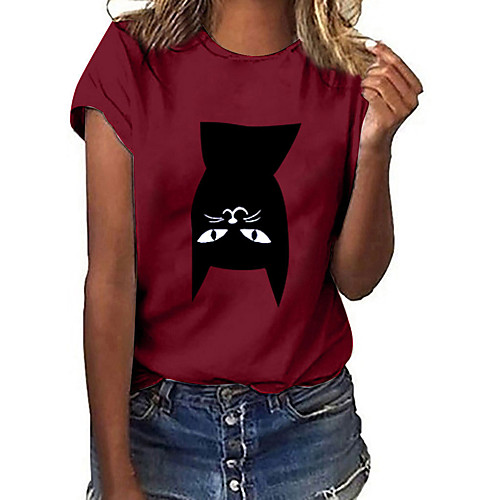

Women's T shirt Cat Print Round Neck Tops Basic Basic Top White Black Yellow