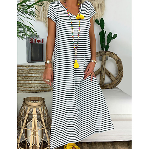 

Women's A Line Dress Maxi long Dress Black Red Short Sleeve Striped Summer V Neck Hot Casual Chinoiserie 2021 S M L XL XXL 3XL