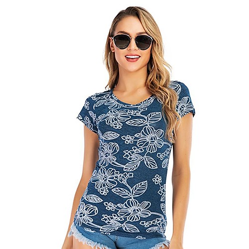 

Women's Blouse Shirt Graphic Prints Print Round Neck Tops Basic Basic Top Blue