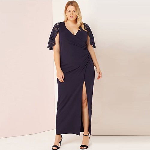 

Sheath / Column Minimalist Plus Size Holiday Party Wear Dress V Neck Short Sleeve Floor Length Spandex with Split 2021