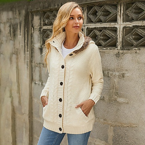 

Women's Stylish Knitted Hooded Solid Colored Cardigan Long Sleeve Sweater Cardigans Hooded Fall Winter Beige