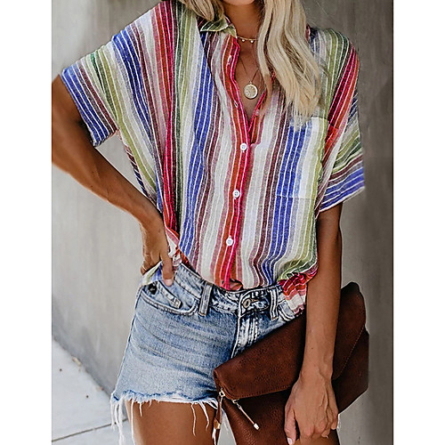 

Women's Blouse Shirt Striped Patchwork Print Shirt Collar Tops Basic Top White Orange Light Blue