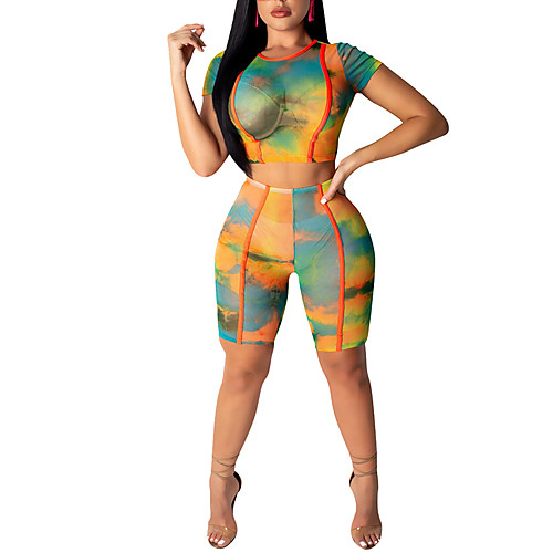 

Women's 2pcs Yoga Suit Tie Dye Multi color Mesh Yoga Fitness Gym Workout Shorts Crop Top Clothing Suit Short Sleeve Sport Activewear Tummy Control Butt Lift Breathable Quick Dry Stretchy