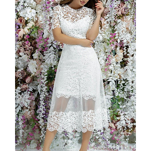 

A-Line Wedding Dresses Jewel Neck Knee Length Lace Short Sleeve Vintage 1950s with Appliques 2021