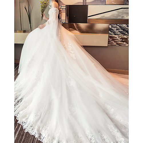 

A-Line Wedding Dresses Off Shoulder Court Train Lace Tulle Sleeveless Formal with Lace Insert Appliques 2021