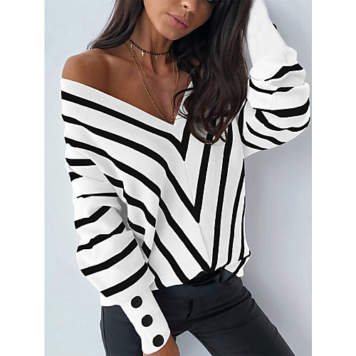 

Women's Stylish Deep V Knitted Button Striped Pullover Long Sleeve Sweater Cardigans V Neck Fall White Black Light Brown