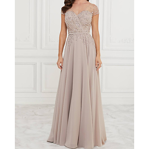 

A-Line Mother of the Bride Dress Elegant V Neck Floor Length Chiffon Lace Sleeveless with Pleats Sequin 2021