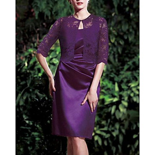 

Two Piece Sheath / Column Mother of the Bride Dress Elegant Jewel Neck Knee Length Lace Satin Half Sleeve with Ruching 2021