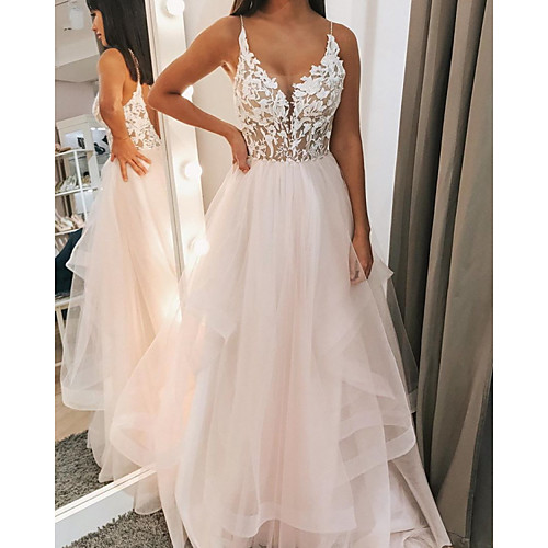 

A-Line Wedding Dresses V Neck Sweep / Brush Train Lace Tulle Sleeveless Sexy with 2021