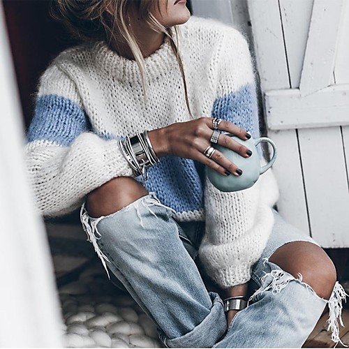 

Women's Basic Knitted Solid Colored Plain Sweater Cotton Long Sleeve Sweater Cardigans Crew Neck Round Neck Fall Winter Blue Green Gray