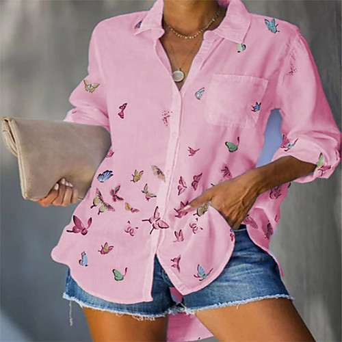 

Women's Blouse Shirt Butterfly Long Sleeve Print Shirt Collar Tops Basic Basic Top White Blushing Pink